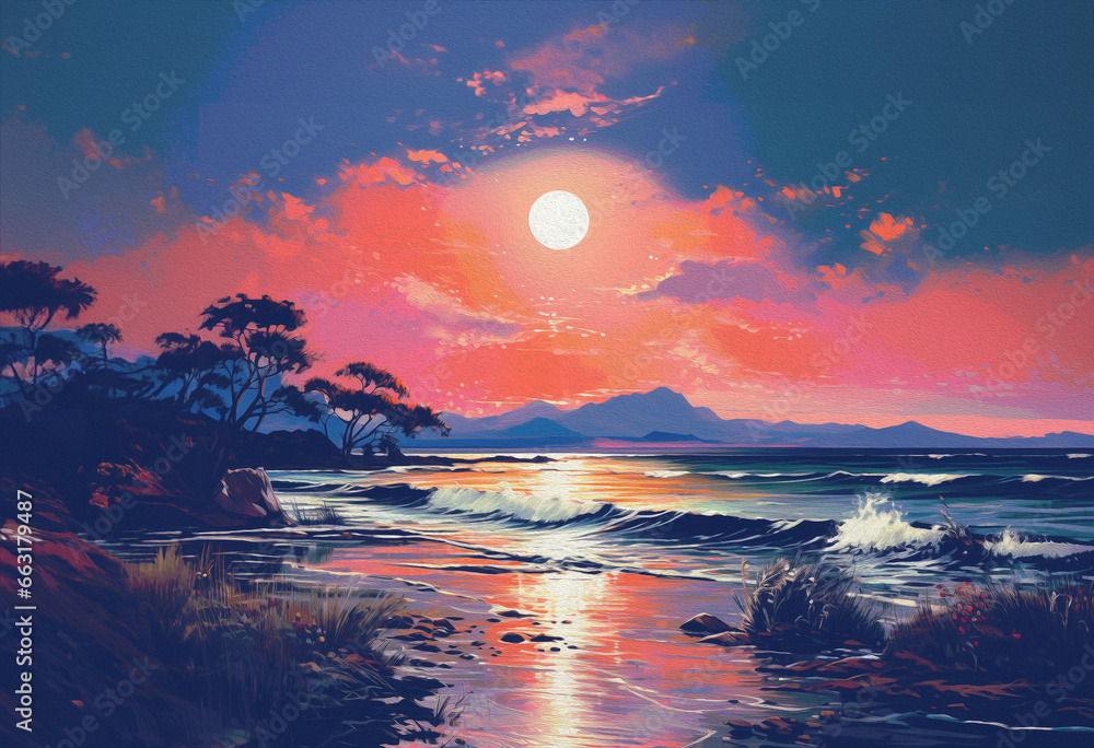 sunset over the sea,Oil painting sunset over the sea,Oil painting