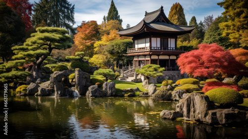 Japanese fall autumn. Temple with red leaves and pond.
