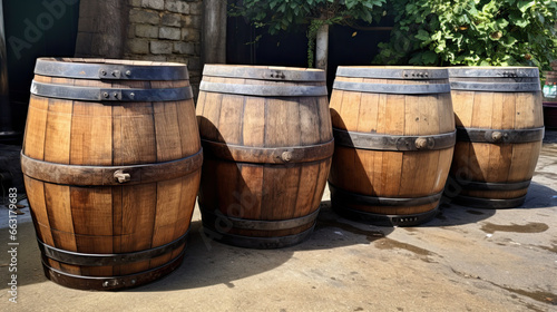 Wine barrels in wine vaults, Wine or whiskey barrels, French wooden barrels. © Ziyan Yang