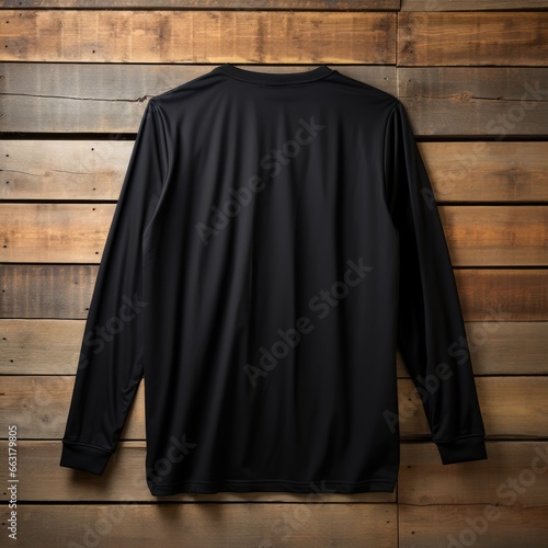 A view from back Luxurious plain black oversize t-shirt mockup with a hanger hanging on a wooden background, AI Generative