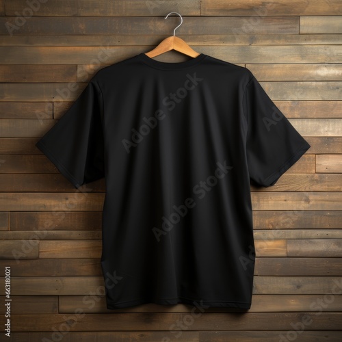 A view from back Luxurious plain black oversize t-shirt mockup with a hanger hanging on a wooden background, AI Generative