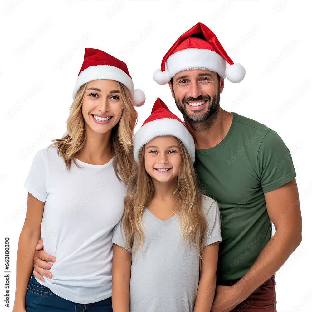 Christmas Holidays. Family Of Three In Santa Hats Standing And Smiling On White Background In Studio. Isolated Christmas Holidays. Family Of Three In Santa Hats Standing And Smiling On White Background In Studio. Isolated