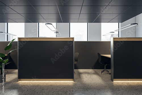 Modern coworking office interior with empty dark mock up place, partitions and workplaces, window with city view and daylight. 3D Rendering.