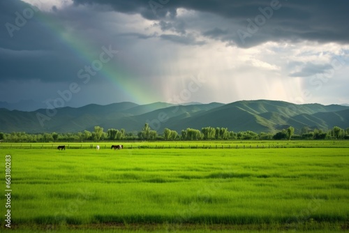 lush green meadows under a rainbow post-rain