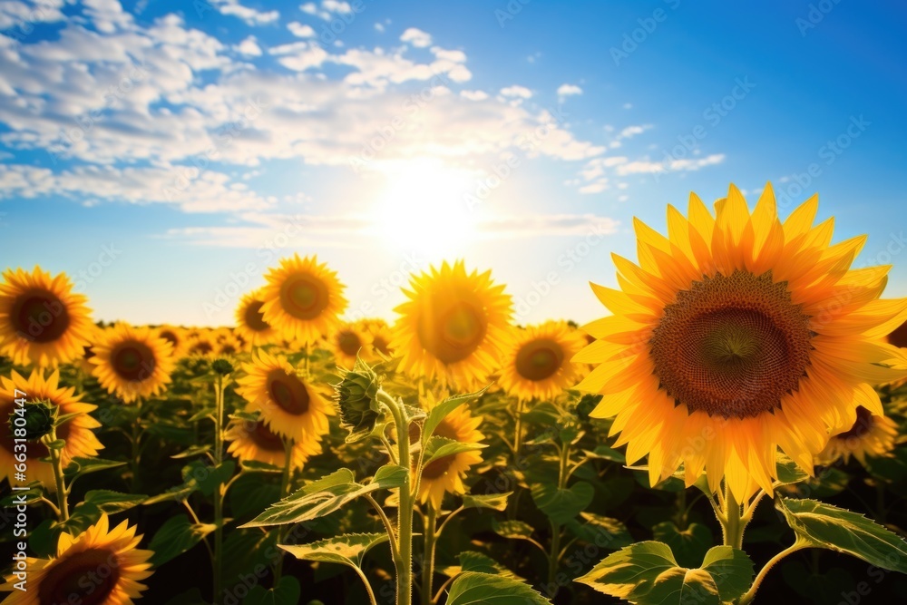 Obraz premium a field of sunflowers in full bloom facing the sun
