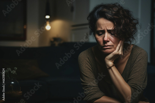 Dramatic Portrait of Sad middle age woman crying sitting in the night at home