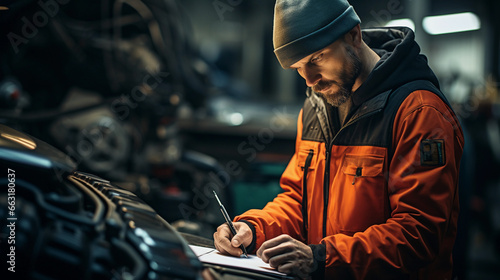 Automobile mechanic checking and inspecting a car, writing down costing, parts, on checklist