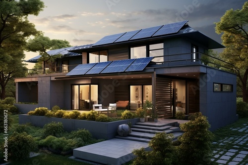 A residence with rooftop solar panels, situated in a suburban area. Generative AI © Lea