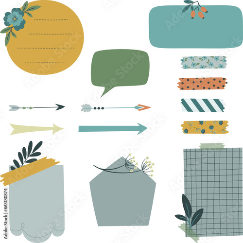 Bullet journal blank paper notes. Floral sticky notes for organizer and planner. Vector illustration