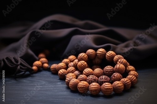 wooden tasbih prayer beads against dark cloth photo