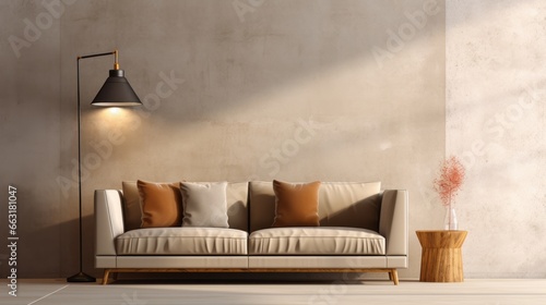 Photo of a cozy living room with a stylish couch and a warm glow from the lamp photo