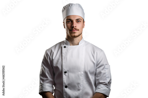 portrait of a young male chef in chef's hat and jacket