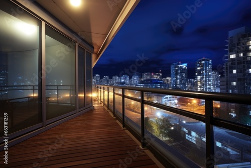 portion of a high-rise balcony with glass railing and floor lighting