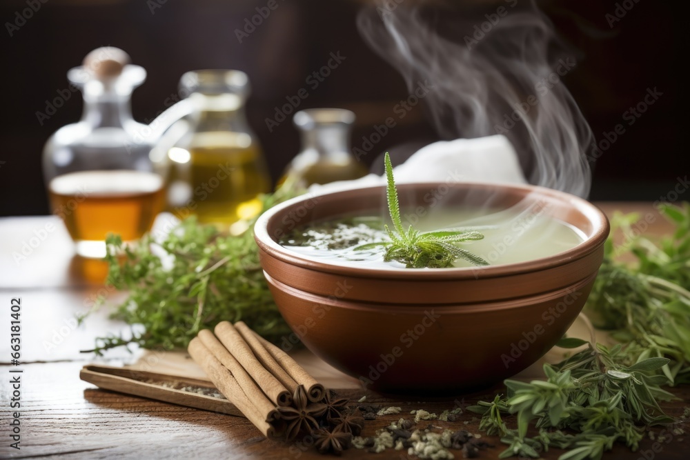 herbal tea sitting on the edge of a steaming hot bath herbal tea sitting on the edge of a steaming hot bath