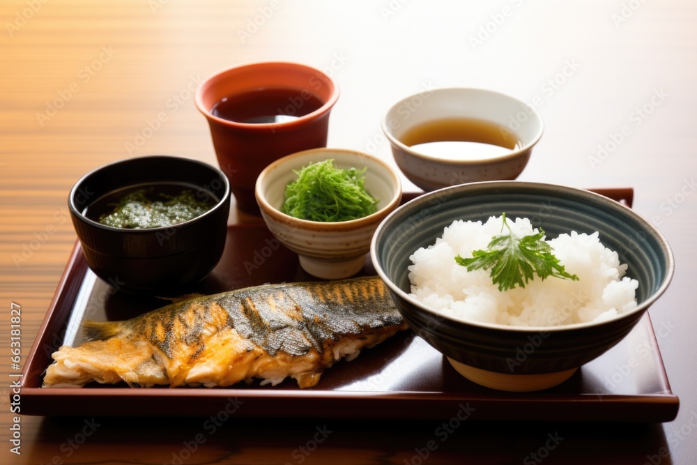 japanese breakfast with grilled fish, rice, and miso soup japanese breakfast with grilled fish, rice, and miso soup
