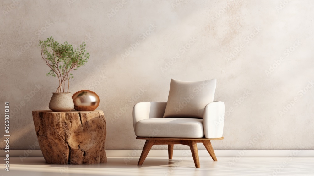 Photo of a chair and potted plant next to a tree stump in a peaceful outdoor setting Photo of a chair and potted plant next to a tree stump in a peaceful outdoor setting