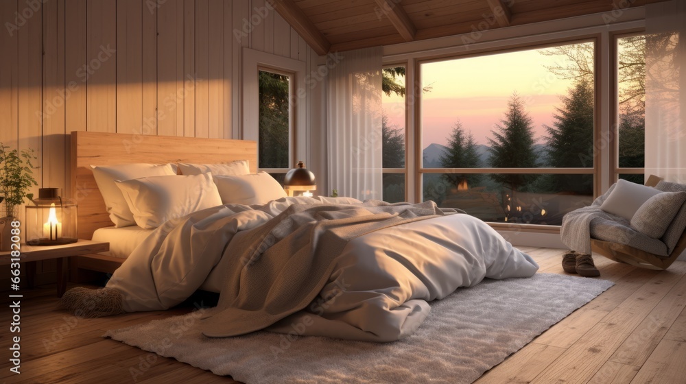 Photo of a spacious bedroom with a comfortable bed and natural light streaming through the window