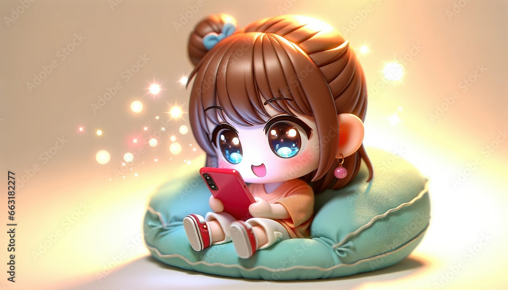 A cartoon girl character seated comfortably on a cushion is busy looking at her cellphone - Generative AI A cartoon girl character seated comfortably on a cushion is busy looking at her cellphone - Generative AI