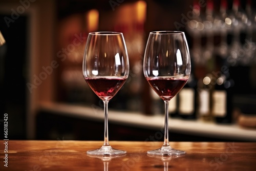 pair of wine glasses filled with red wine on a bar counter