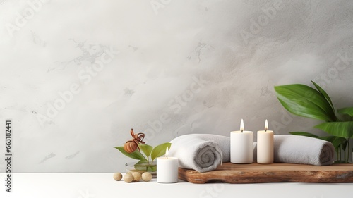 Beautiful spa composition with sea salt stones for massage oil and towel. light background with space for text. copy space