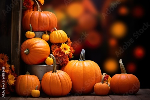 Thanksgiving pumpkins with flowers fall season celebration background 