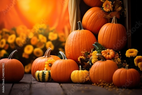 Thanksgiving pumpkins with flowers fall season celebration background 