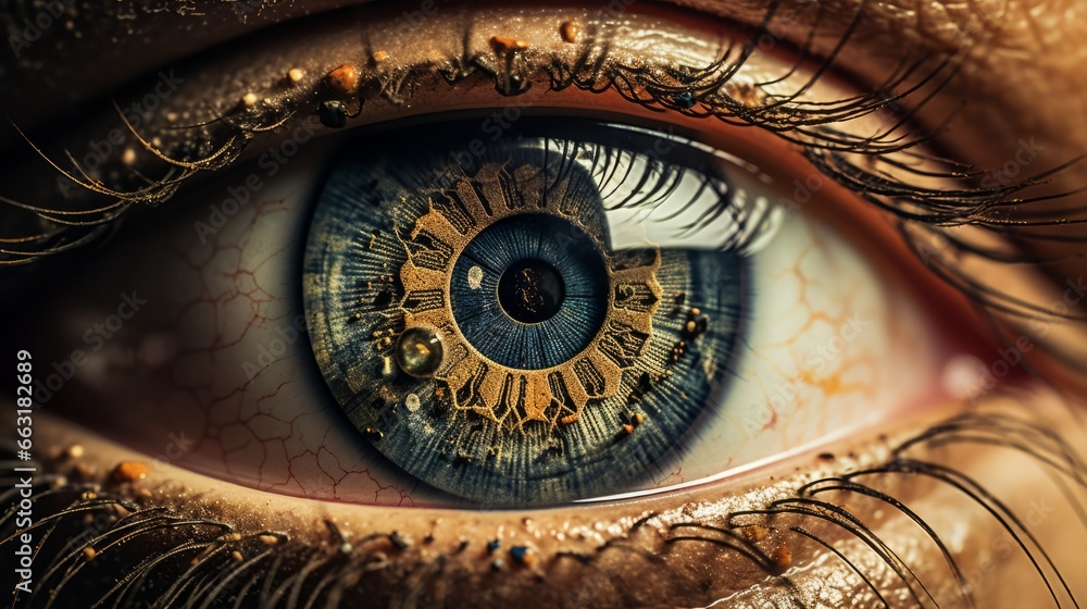 Nahaufnahme eines menschlichen Auges, dessen Iris künstlerisch dramatisch abgewandelt ist - obrazy, fototapety, plakaty 