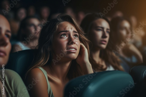Dramatic Portrait of Women crying while watching movie in a cinema hall