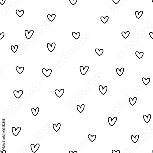 Black and white doodle hearts seamless pattern for kids. Hand drawn romantic background in outline. Great for coloring page. Vector illustration