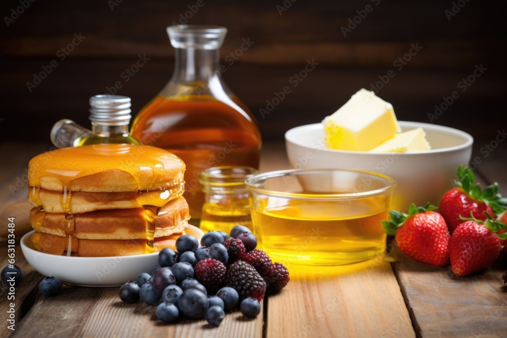a stack of pancakes next to syrup, butter, and fresh berries a stack of pancakes next to syrup, butter, and fresh berries