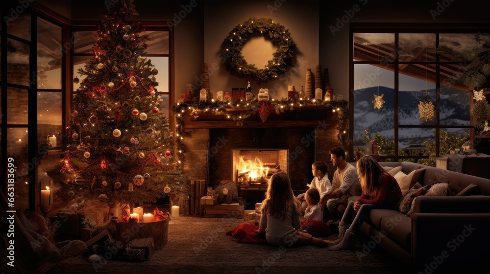 Naklejka premium A heartwarming Christmas scene with a cozy living room adorned with twinkling lights, AI Generative