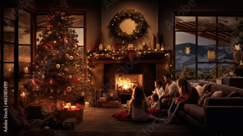 A heartwarming Christmas scene with a cozy living room adorned with twinkling lights, AI Generative