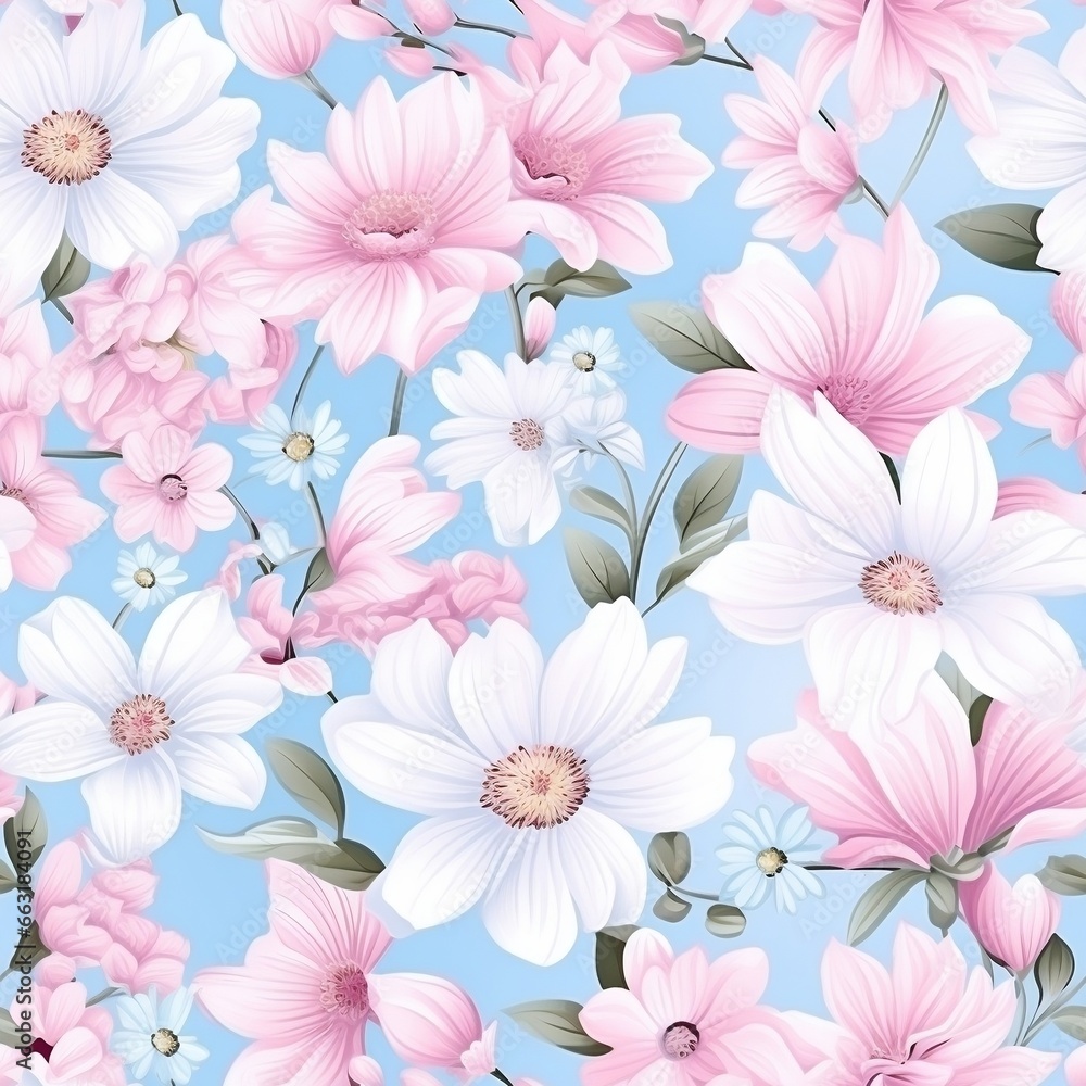 Spring blue seamless pattern of flowers, leaves and herbs. Generated by AI