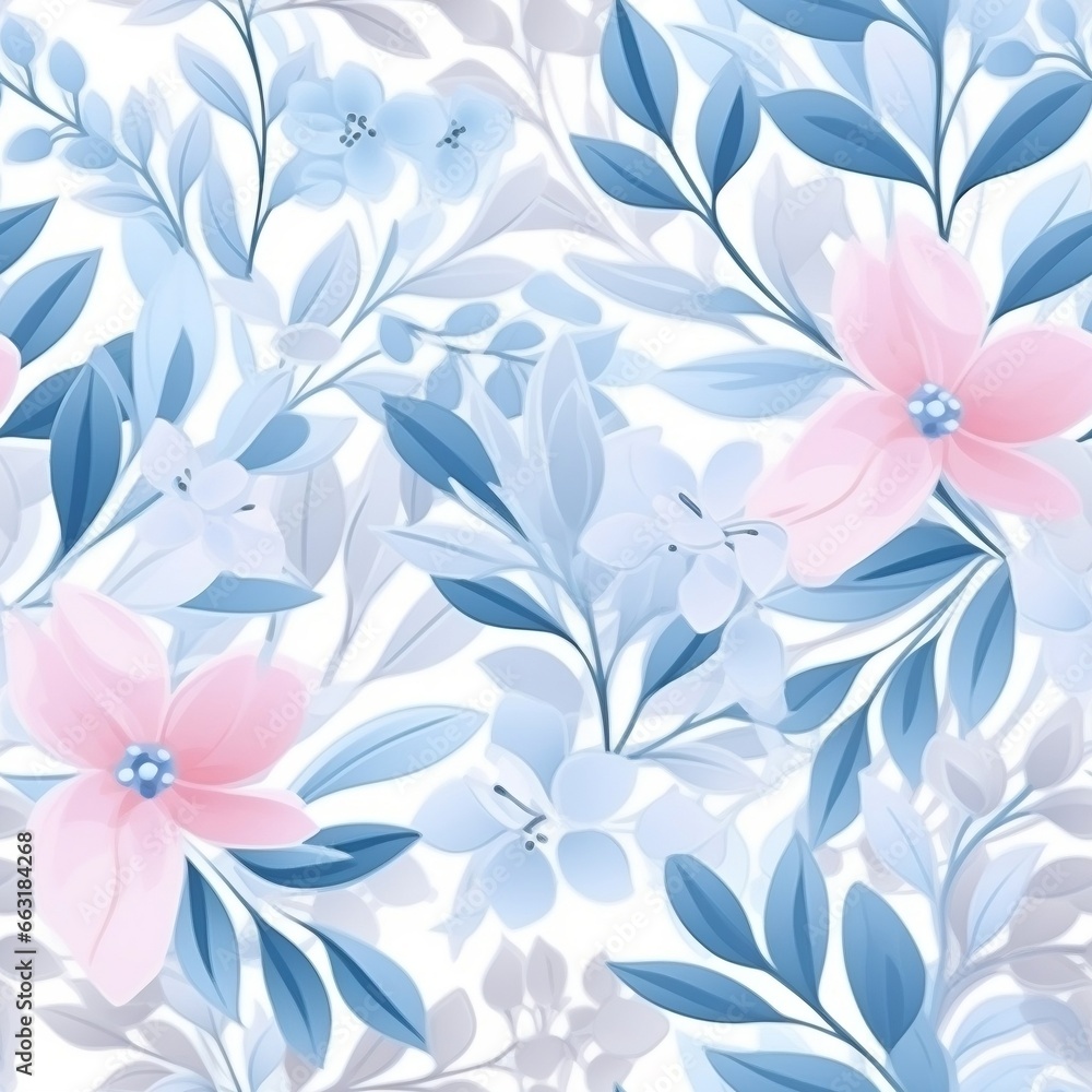Fototapeta premium Spring blue seamless pattern of flowers, leaves and herbs. Generated by AI