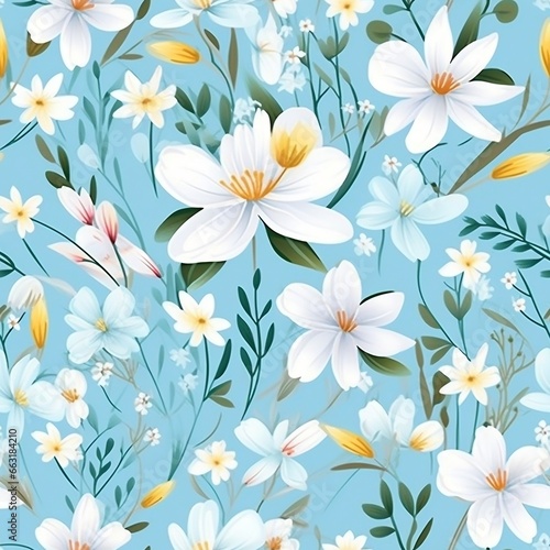 Spring blue seamless pattern of flowers, leaves and herbs. Generated by AI