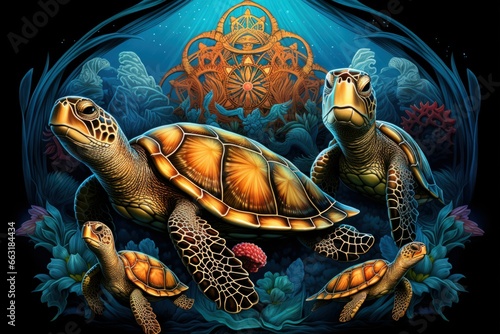 Ancient sea turtles, carrying entire ecosystems on their colossal shells - Generative AI photo