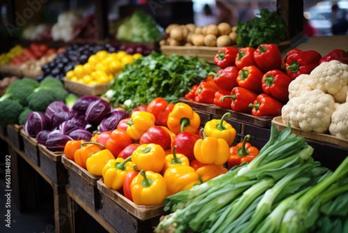 fresh fruits and vegetables on a market stand