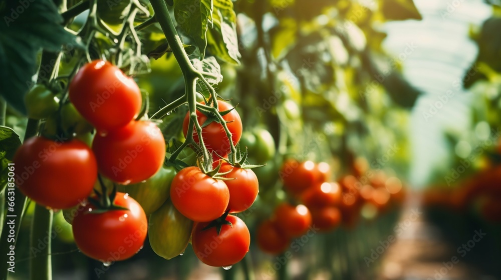 Villagecore Charm: Ripe Tomatoes Flourishing in a Greenhouse. Generative ai