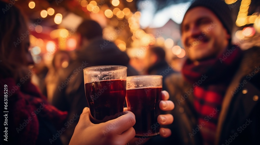 Festive Gatherings: Friends Enjoying Mulled Wine at a Christmas Market. Generative ai Festive Gatherings: Friends Enjoying Mulled Wine at a Christmas Market. Generative ai