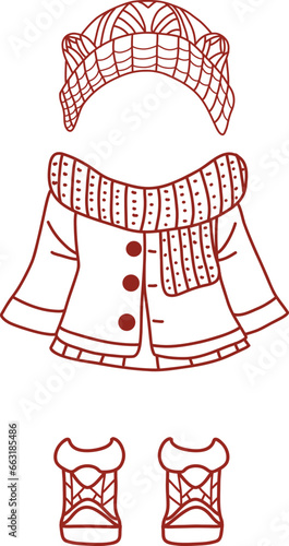 Outline cute winter fashion, fluffy and fabulous clothing, illustrations for decoration