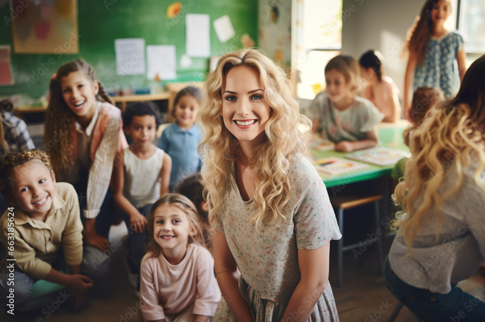 Fototapeta premium Photo of teacher in the class of kindergarten