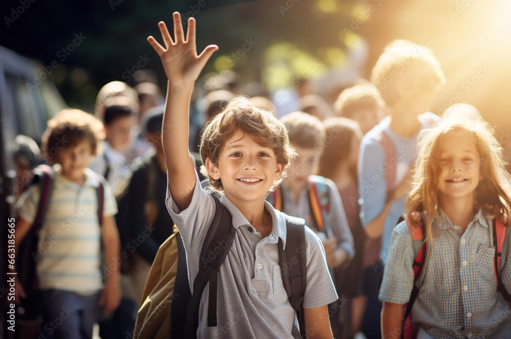 Fototapeta premium Photo of boy in the school with rise hand