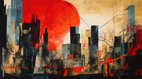 Sunset city skyline with tall skyscraper buildings, golden hour orange and red colors, late afternoon downtown urban area, east coast abstract metropolis.  © SoulMyst