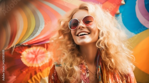 Retro Radiance  Joyful Blonde Woman Channeling the Psychedelic 70s Vibe. Generative ai