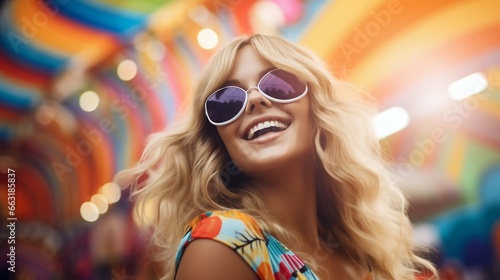 Retro Radiance: Joyful Blonde Woman Channeling the Psychedelic 70s Vibe. Generative ai
