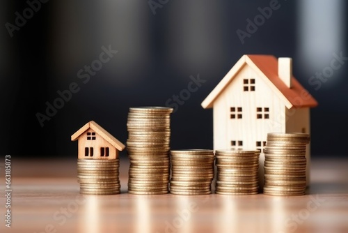 stack of coins with small house model on top