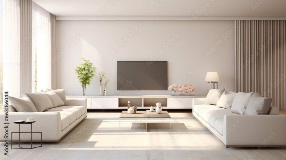 Fototapeta premium Photo of a modern living room with white furniture and a large flat screen TV