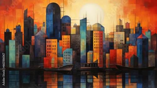Sunset city skyline with tall skyscraper buildings  golden hour orange and red colors  late afternoon downtown urban area  east coast abstract metropolis. 