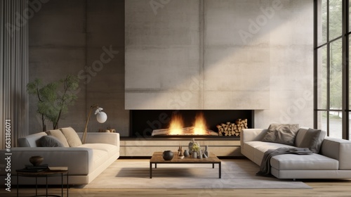 Photo of a cozy and well-furnished living room with a warm fireplace