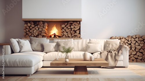 Photo of a cozy living room with a fireplace and comfortable couch © mattegg